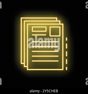 Yellow neon sign representing a stack of documents is glowing on a black background Stock Vector