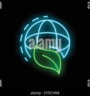 Neon sign illustrating a green leaf surrounding planet earth, promoting environmental awareness and sustainability Stock Vector
