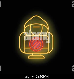 Neon sign illustrating a hacker with a forbidden symbol on a computer screen Stock Vector