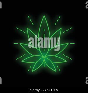 Green neon sign is depicting cannabis leaf surrounded by sun rays on black background Stock Vector