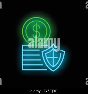 Neon sign illustrating a money security concept with a dollar coin and a shield Stock Vector