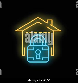 Glowing neon icon of a home security system with a padlock, representing safety and protection Stock Vector