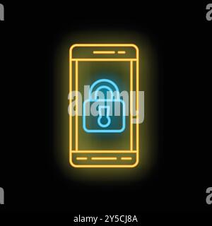 Neon icon of a smartphone displaying a security padlock, representing mobile phone security Stock Vector