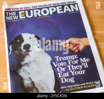 19-25 Septemer 2024. Front page headline of The New European reads Trump: Vote For Me Or They'll Eat Your Dog. Stock Photo