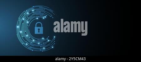 A stylized padlock sits prominently in the center of a digital matrix, representing secure access. The background is a sleek, dark gradient with geome Stock Vector