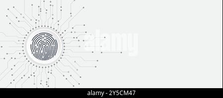 This image showcases a futuristic fingerprint scanner hovering over a digital interface, symbolizing biometric security. The background is a muted gre Stock Vector