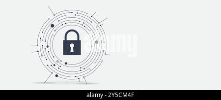 The illustration features a central shield icon placed over a grid of interconnected lines, representing cybersecurity. The shield stands out against Stock Vector