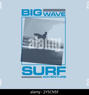 Big Wave Surf Adventure typography ocean surfer dotted print poster design Stock Vector