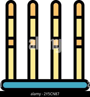 Cricket wicket made of three stumps and two bails standing on a green pitch is ready for a cricket match Stock Vector