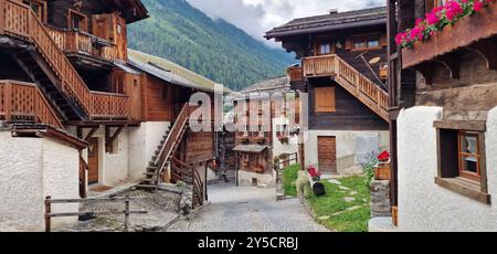 Most beautiful Swiss villages - pretty Griementz with traditional wooden houses and floral streets. popular tourist attraction in Valais Canton of Swi Stock Photo