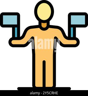 Person is holding a sign in each hand, symbolizing a difficult choice or important decision Stock Vector