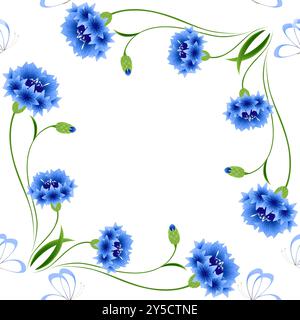 Blue cornflowers with butterflies on a white background, seamless pattern. Stock Vector