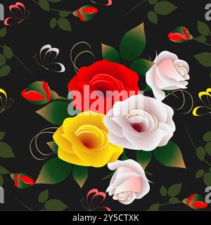 Bouquet of roses with butterflies and branches of buds on a black background, seamless pattern. Stock Vector