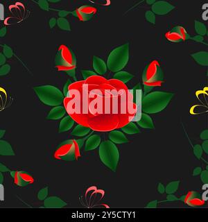 Bouquet of red roses with butterflies and branches of buds on a black background, seamless pattern. Stock Vector