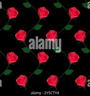 Branches of roses on a black background, vertical seamless pattern. Stock Vector