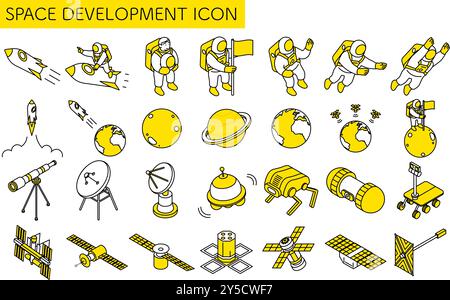 Simple line drawings of astronauts, satellites, and other space development, isometric illustration set, Vector Illustration Stock Vector