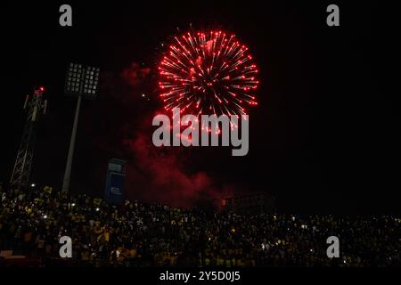 Duhok, Iraq. 20th Sep, 2024. A view of fireworks at Duhok International Stadium during the opening ceremony of the Iraq Stars League between Duhok and Al-Zawraa clubs. Credit: SOPA Images Limited/Alamy Live News Stock Photo