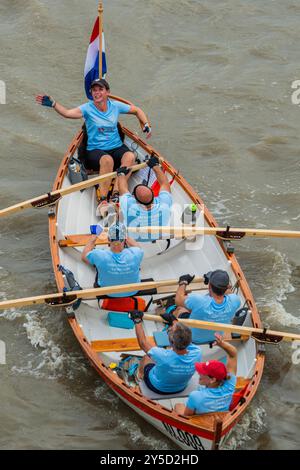 London, UK. 21st Sep, 2024. The Great River Race on the River Thames, part of the Thames Festival - London's river marathon, with around 300 boats and 1500 people from across the world taking part to raise money for charity. They row from Millwall in East London to Richmond, each year, in traditional style boats over the 21.6mile course, with participants ranging from young sea scouts, to veterans who have taken part for decades. Credit: Guy Bell/Alamy Live News Stock Photo