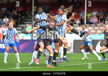 Crawley UK 21st September 2024 - Action during the  Barclays  Women's Super League football match between Brighton & Hove Albion and Everton at The Broadfield Stadium in Crawley  : Credit Simon Dack /TPI/ Alamy Live News. Editorial use only. No merchandising. Stock Photo