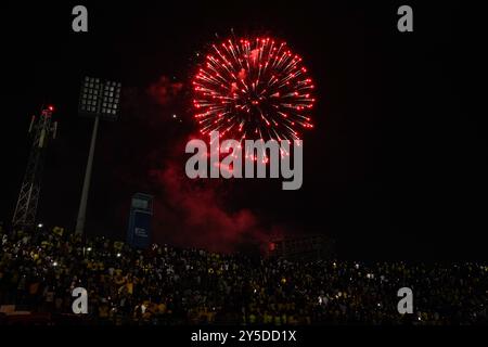 Duhok, Iraq. 20th Sep, 2024. A view of fireworks at Duhok International Stadium during the opening ceremony of the Iraq Stars League between Duhok and Al-Zawraa clubs. (Photo by Ismael Adnan/SOPA Images/Sipa USA) Credit: Sipa USA/Alamy Live News Stock Photo