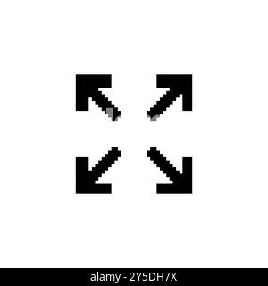Pixel art expand arrows in black. Minimalistic four arrows pointing outward in retro pixelated style. Stock Vector