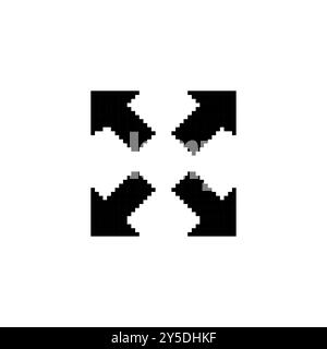 Pixel art expand arrows in black. Minimalistic four arrows pointing outward in retro pixelated style. Stock Vector