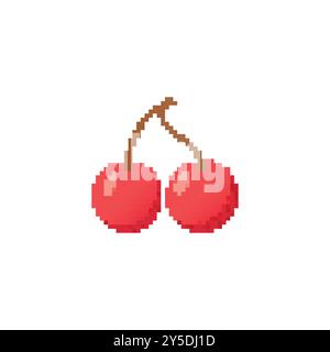 Pixelated cherries with simple design. Two red cherries connected by stems in pixel art style. Stock Vector