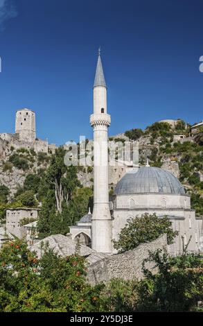 Scenic view of pocitelj village traditional old architecture buildings and mosque in Bosnia Herzegovina Stock Photo