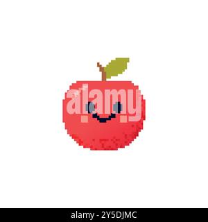 Smiling pixel art apple with leaf and cute face. Bright red apple illustration with cheerful expression and pixelated details Stock Vector