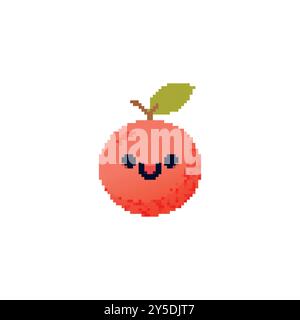 Pixelated smiling fruit icon. Cute pixel art of a red fruit with a happy face and green leaf. Stock Vector