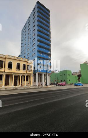 733 Blue, Art-Deco hotel building from 1957 at the Malecon Esplanade and Calle Galiano Street corner, Primavera-Springtime sculpture. Havana-Cuba. Stock Photo