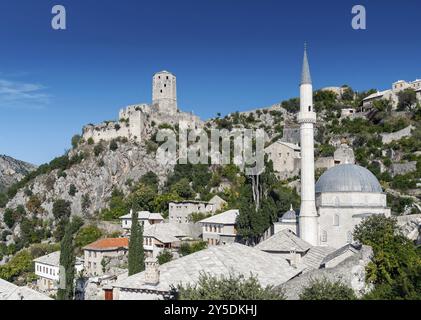 Scenic view of pocitelj village traditional old architecture buildings and mosque in Bosnia Herzegovina Stock Photo