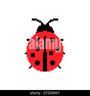 Pixelated ladybug. Simple pixel art red ladybug with black spots and antennae. Stock Vector