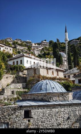 Scenic view of pocitelj village traditional old architecture buildings and mosque in Bosnia Herzegovina Stock Photo