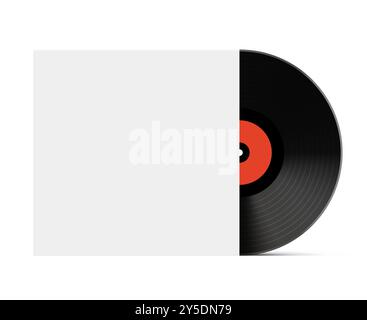 Vinyl record partially in sleeve. Classic black vinyl disk with red label partially inside a blank white cover. Stock Vector