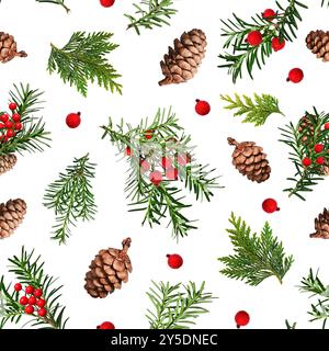 Christmas Seamless Pattern. Coniferous branches, cones, red artificial berries, thuja branches. Pattern for wrapping paper, greeting cards, invitation Stock Photo