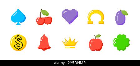Pixelated slot machine symbols illustration. Collection pixel art symbols cherries, hearts, and lucky icons Stock Vector