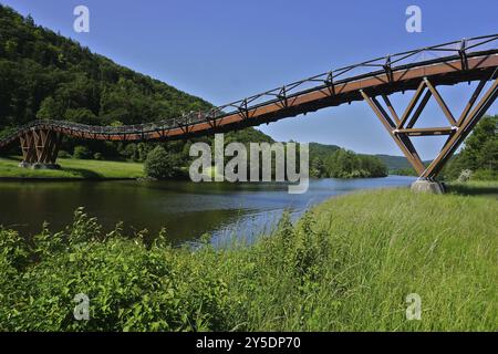 Altmuehltal nature park Park, wooden bridge near Essing, Lower Bavaria, Germany, Altmuehltal Nature Park, wooden bridge near Essing, Lower Bavaria, Ge Stock Photo