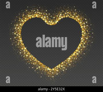 Heart glitter frame, golden sparkle border, shiny sequins texture, luxury Valentines Day design. Stock Vector