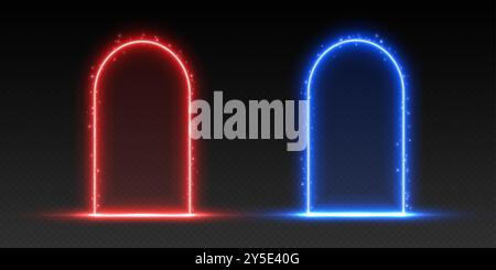 Neon arches with sparkles, red and blue glowing portals, futuristic gate, magic LED frames. Stock Vector