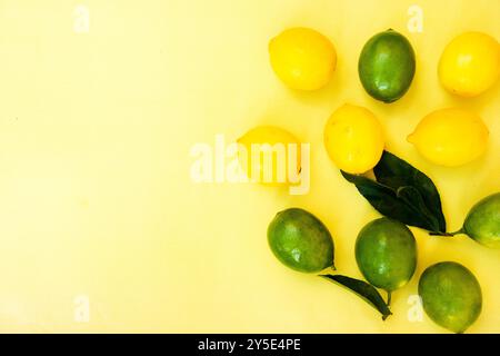 Top view of colorful yellow and green lemons on yellow pastel background, concepts,summer ideas of fruit, vegetable, healthy eating lifestyle, copy sp Stock Photo