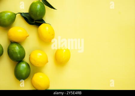 Top view of colorful yellow and green lemons on yellow pastel background, concepts,summer ideas of fruit, vegetable, healthy eating lifestyle, copy sp Stock Photo