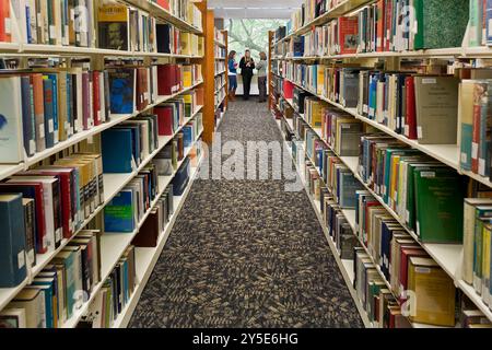 Three women stand at end of row of books in library using sign language for the deaf Stock Photo
