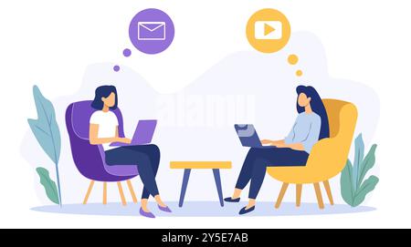 Two women are seated in chairs, working on laptops, with thought bubbles indicating email and video. The scene is set against a light background Stock Vector