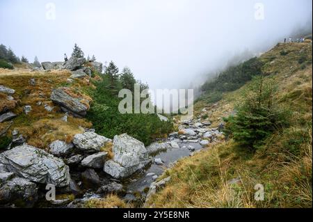 Foggy river scenery on the Transfagarasan road route on an autumn day, Romania Stock Photo