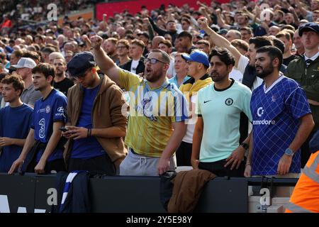 London, UK. 21st Sep, 2024. Chelsea fans singing during the West Ham United FC v Chelsea FC English Premier League match at the London Stadium, London, England, United Kingdom on 21 September 2024 Credit: Every Second Media/Alamy Live News Stock Photo