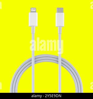 Type-C and Lightning cable and connector, insulated on yellow background. Stock Photo