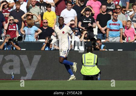 London, UK. 21st Sep, 2024. Chelsea forward Nicolas Jackson (15) celebrates his goal during the West Ham United FC v Chelsea FC English Premier League match at the London Stadium, London, England, United Kingdom on 21 September 2024 Credit: Every Second Media/Alamy Live News Stock Photo