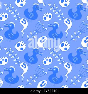 Halloween animals seamless skulls and ducks pattern for wrapping paper and fabrics and linens and kids clothes print and autumn party accessories. Hig Stock Photo