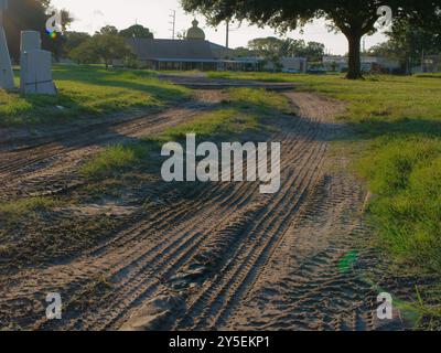 Low view leading lines down a dirt road used by construction equipment and trucks. Tire tracks in the brown soil with green grass on both sides Stock Photo